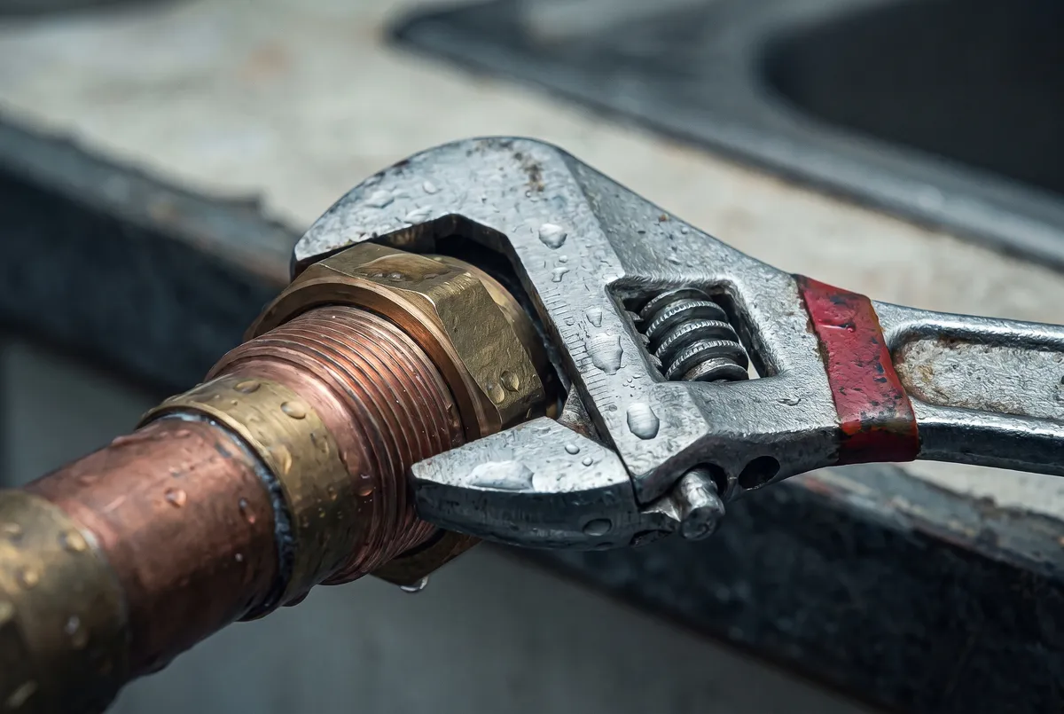 Stylized close-up illustration of a wrench seated on a threaded pipe union, condensation beading on the metal